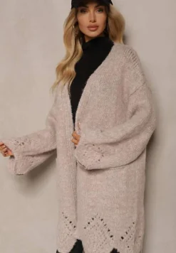 Beżowy Kardigan z Wełną Ozdobiony Wsuwanymi Kieszeniami i Ażurowym Motywem Elliosia