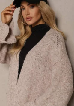 Beżowy Kardigan z Wełną Ozdobiony Wsuwanymi Kieszeniami i Ażurowym Motywem Elliosia