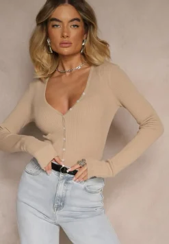 Beżowy Kardigan z Wiskozą na Guziki z Prążkowanego Materiału Koriane