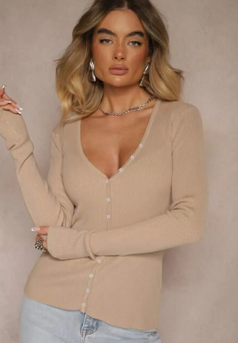 Beżowy Kardigan z Wiskozą na Guziki z Prążkowanego Materiału Koriane