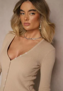 Beżowy Kardigan z Wiskozą na Guziki z Prążkowanego Materiału Koriane