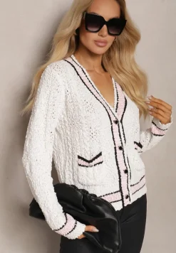 Beżowy Kardigan z Wiskozą na Guziki z Paskami Liathalie