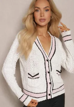 Beżowy Kardigan z Wiskozą na Guziki z Paskami Liathalie