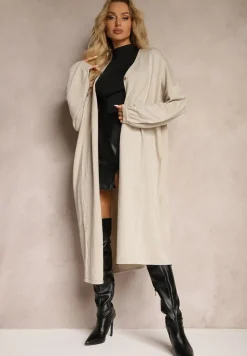 Beżowy Kardigan z Wiskozą o Długim Kroju Zapinany na Guziki z Metaliczną NIcią Arkaria