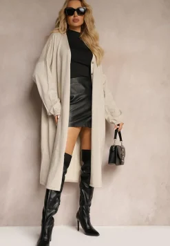 Beżowy Kardigan z Wiskozą o Długim Kroju Zapinany na Guziki z Metaliczną NIcią Arkaria