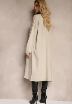 Beżowy Kardigan z Wiskozą o Długim Kroju Zapinany na Guziki z Metaliczną NIcią Arkaria