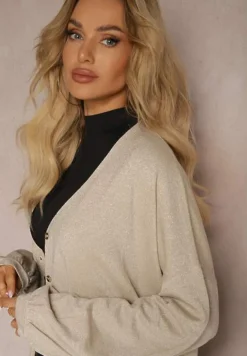 Beżowy Kardigan z Wiskozą o Długim Kroju Zapinany na Guziki z Metaliczną NIcią Arkaria