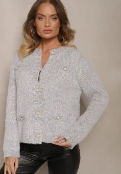 Beżowy Kardigan z Wiskozą Ozdobiony Imitacją Kieszeni i Guzikami Nomilira