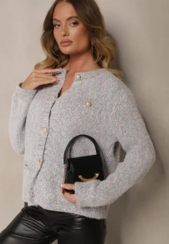 Beżowy Kardigan z Wiskozą Ozdobiony Imitacją Kieszeni i Guzikami Nomilira