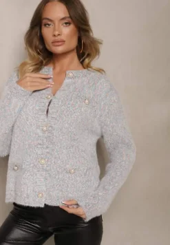 Beżowy Kardigan z Wiskozą Ozdobiony Imitacją Kieszeni i Guzikami Nomilira