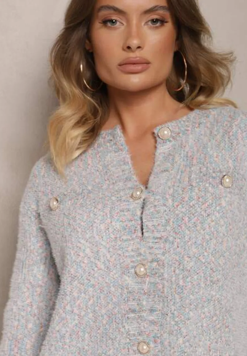 Beżowy Kardigan z Wiskozą Ozdobiony Imitacją Kieszeni i Guzikami Nomilira