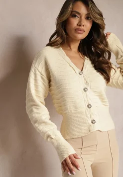 Beżowy Kardigan z Wiskozy w Paski ze Ściagaczami Uluria