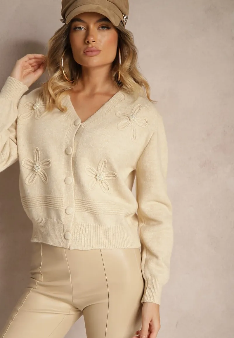 Beżowy Kardigan z Wiskozy Zdobiony Kwiatowymi Aplikacjami z Perełkami Gemirra