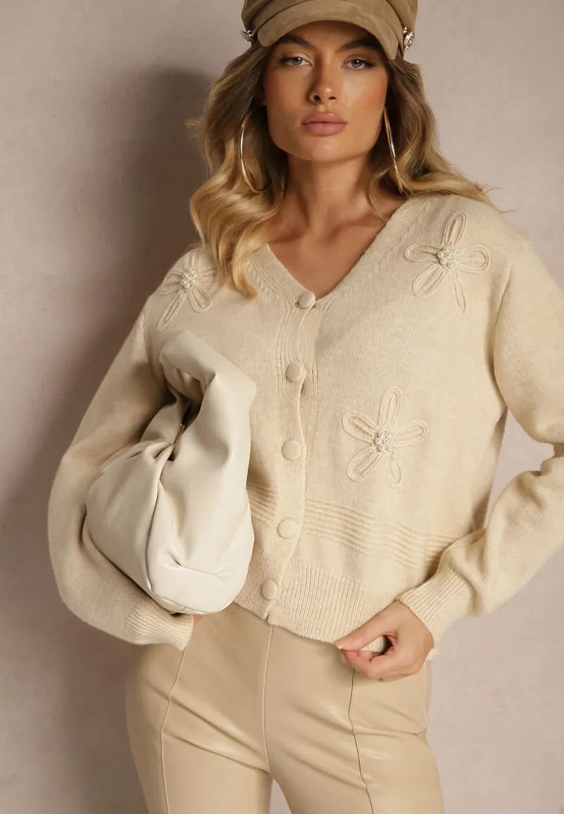 Beżowy Kardigan z Wiskozy Zdobiony Kwiatowymi Aplikacjami z Perełkami Gemirra