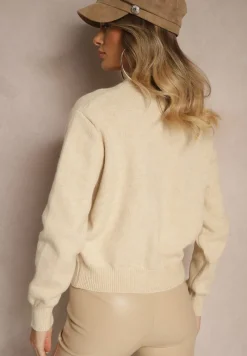 Beżowy Kardigan z Wiskozy Zdobiony Kwiatowymi Aplikacjami z Perełkami Gemirra