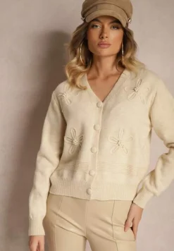 Beżowy Kardigan z Wiskozy Zdobiony Kwiatowymi Aplikacjami z Perełkami Gemirra