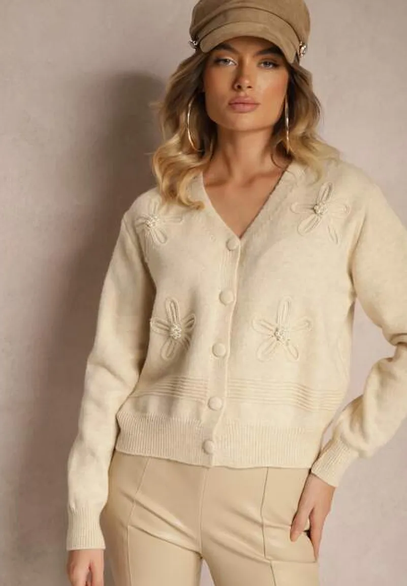 Beżowy Kardigan z Wiskozy Zdobiony Kwiatowymi Aplikacjami z Perełkami Gemirra