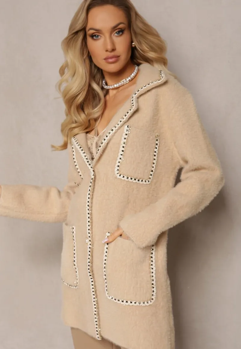 Beżowy Kardigan z Wiskozy z Metaliczną Nitką Zapinany na Perłowe Guziki Exousa