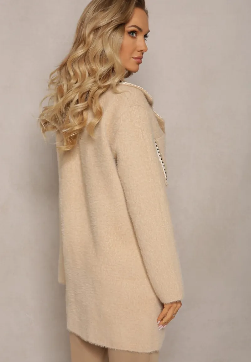 Beżowy Kardigan z Wiskozy z Metaliczną Nitką Zapinany na Perłowe Guziki Exousa