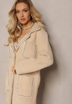 Beżowy Kardigan z Wiskozy z Metaliczną Nitką Zapinany na Perłowe Guziki Exousa