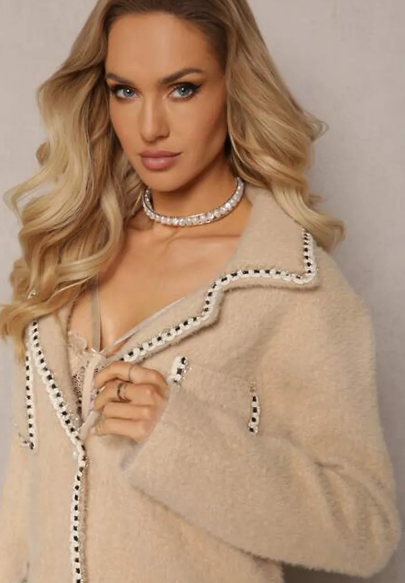 Beżowy Kardigan z Wiskozy z Metaliczną Nitką Zapinany na Perłowe Guziki Exousa