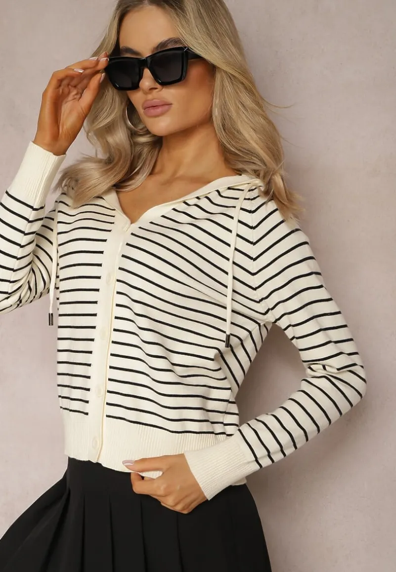 Beżowy Kardigan z Wiskozy w Paski z Kapturem i Guzikami Oevira