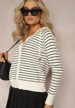 Beżowy Kardigan z Wiskozy w Paski z Kapturem i Guzikami Oevira