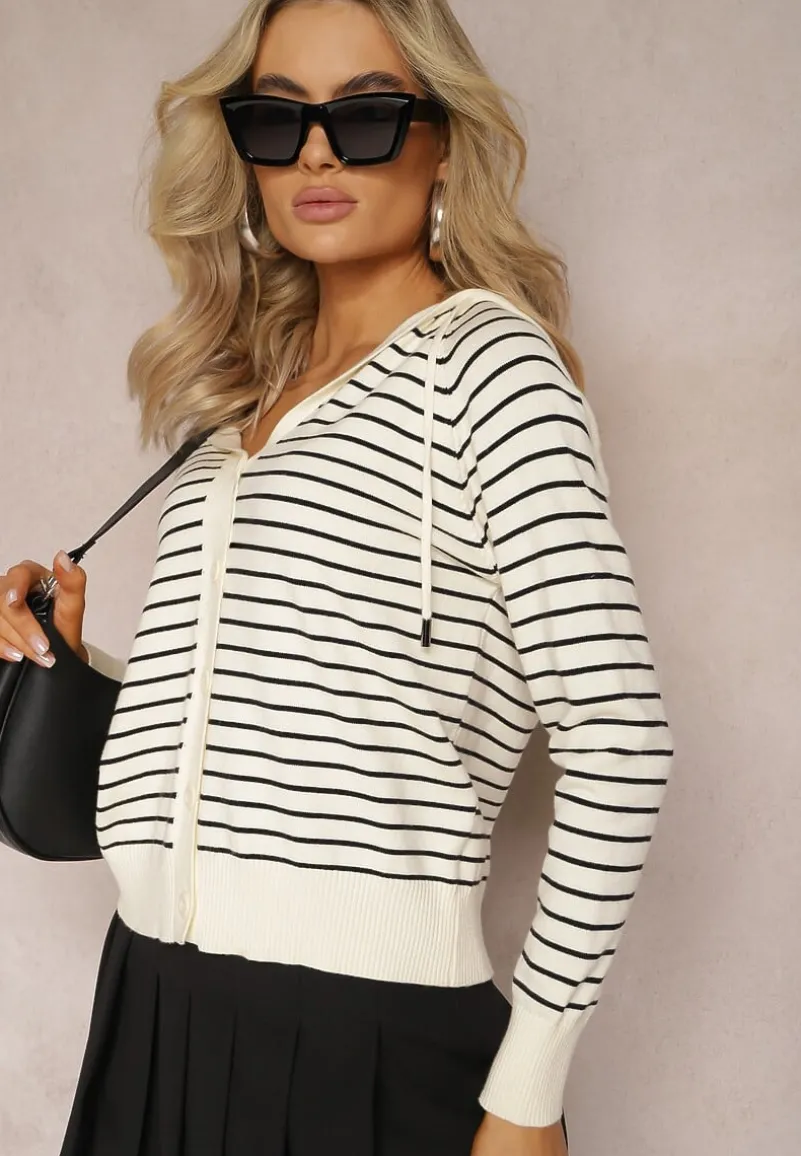 Beżowy Kardigan z Wiskozy w Paski z Kapturem i Guzikami Oevira