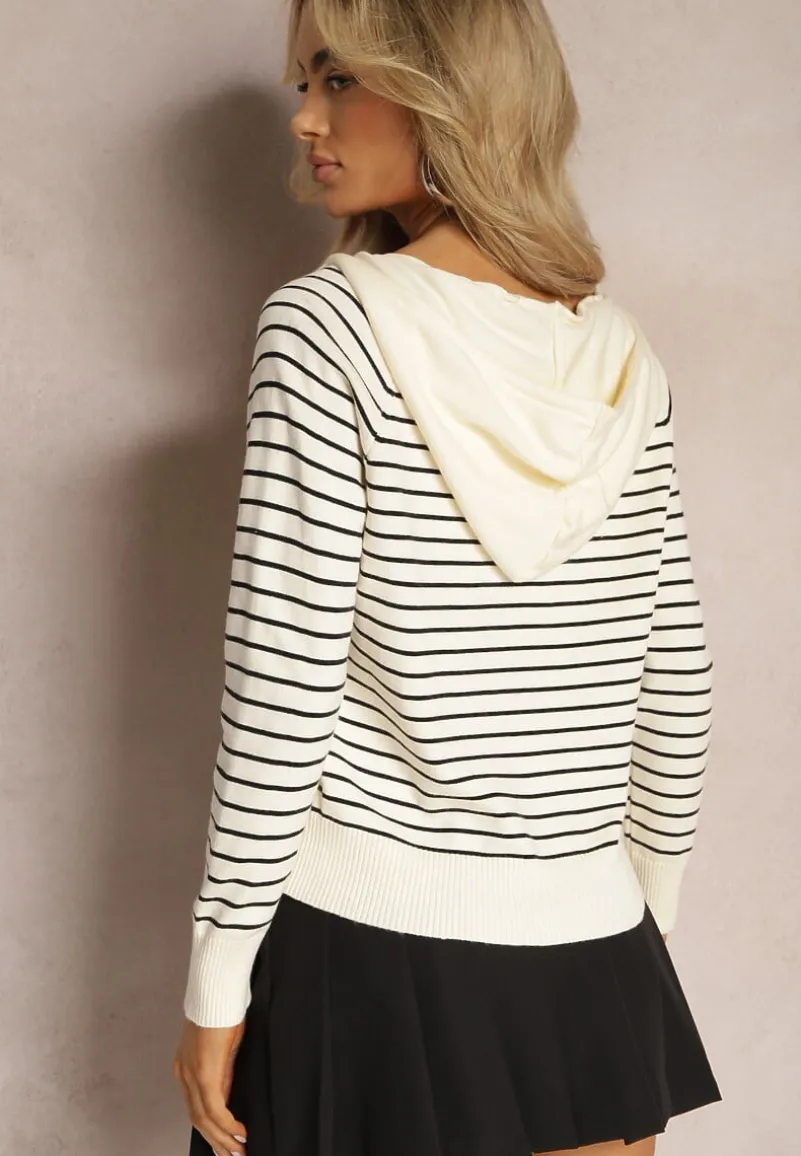 Beżowy Kardigan z Wiskozy w Paski z Kapturem i Guzikami Oevira