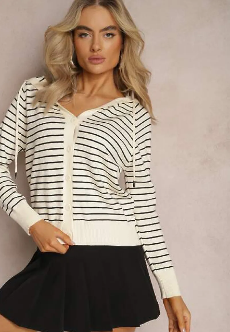 Beżowy Kardigan z Wiskozy w Paski z Kapturem i Guzikami Oevira