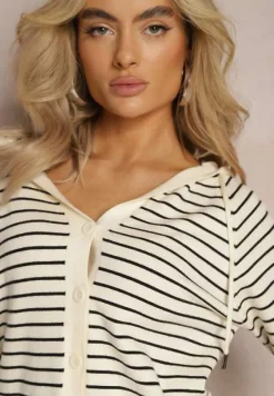 Beżowy Kardigan z Wiskozy w Paski z Kapturem i Guzikami Oevira