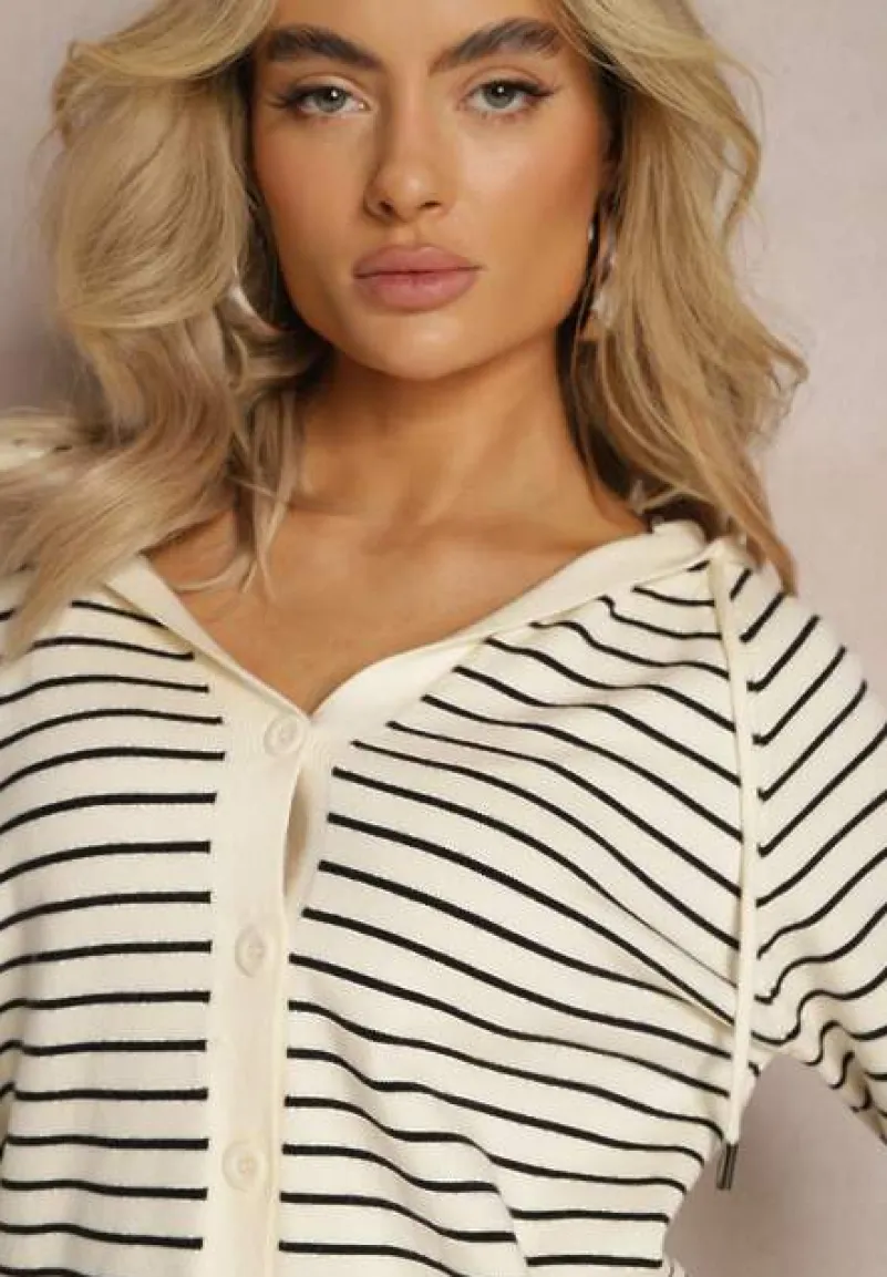 Beżowy Kardigan z Wiskozy w Paski z Kapturem i Guzikami Oevira