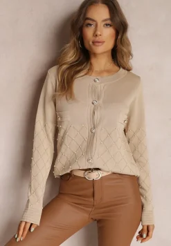 Beżowy Kardigan Zapinany z Perłami Kilfa