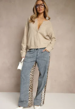 Beżowy Klasyczny Kardigan z Zaokrąglonym Dekoltem Reonira