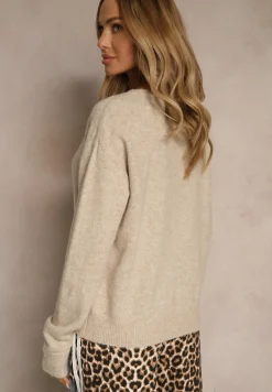 Beżowy Klasyczny Kardigan z Zaokrąglonym Dekoltem Reonira