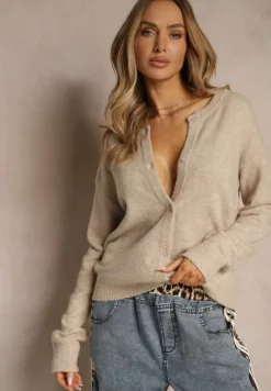 Beżowy Klasyczny Kardigan z Zaokrąglonym Dekoltem Reonira