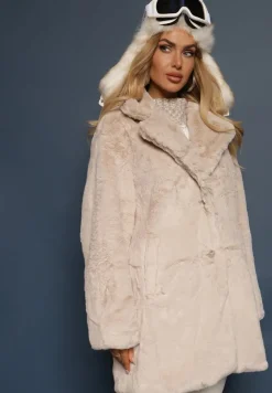 Beżowy Klasyczny Płaszcz Futrzany Vennira