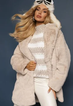 Beżowy Klasyczny Płaszcz Futrzany Vennira