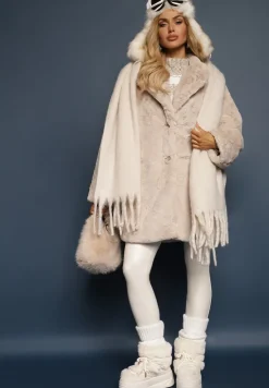 Beżowy Klasyczny Płaszcz Futrzany Vennira