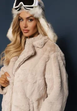 Beżowy Klasyczny Płaszcz Futrzany Vennira