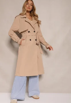 Beżowy Klasyczny Płaszcz Trencz z Wiskozą o Dwurzędowym Kroju z Paskiem Mokaia