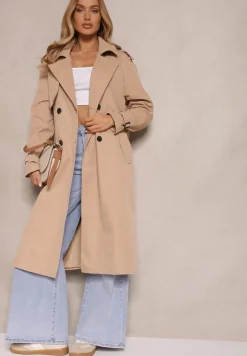 Beżowy Klasyczny Płaszcz Trencz z Wiskozą o Dwurzędowym Kroju z Paskiem Mokaia