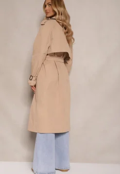 Beżowy Klasyczny Płaszcz Trencz z Wiskozą o Dwurzędowym Kroju z Paskiem Mokaia