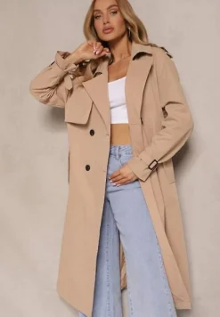 Beżowy Klasyczny Płaszcz Trencz z Wiskozą o Dwurzędowym Kroju z Paskiem Mokaia