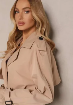 Beżowy Klasyczny Płaszcz Trencz z Wiskozą o Dwurzędowym Kroju z Paskiem Mokaia