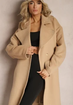 Beżowy Klasyczny Płaszcz Wiązany Paskiem w Talii Aniele