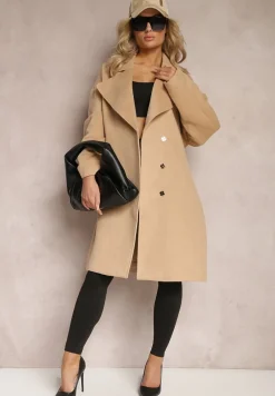 Beżowy Klasyczny Płaszcz Wiązany Paskiem w Talii Aniele