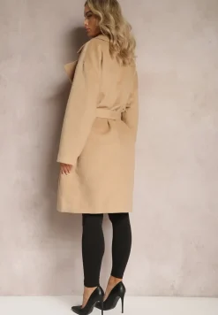 Beżowy Klasyczny Płaszcz Wiązany Paskiem w Talii Aniele
