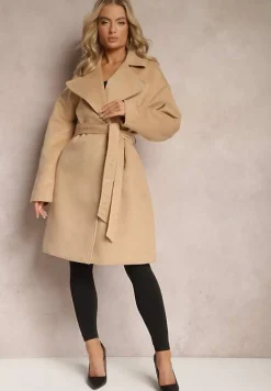 Beżowy Klasyczny Płaszcz Wiązany Paskiem w Talii Aniele