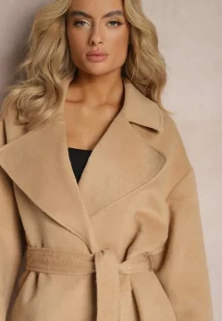 Beżowy Klasyczny Płaszcz Wiązany Paskiem w Talii Aniele